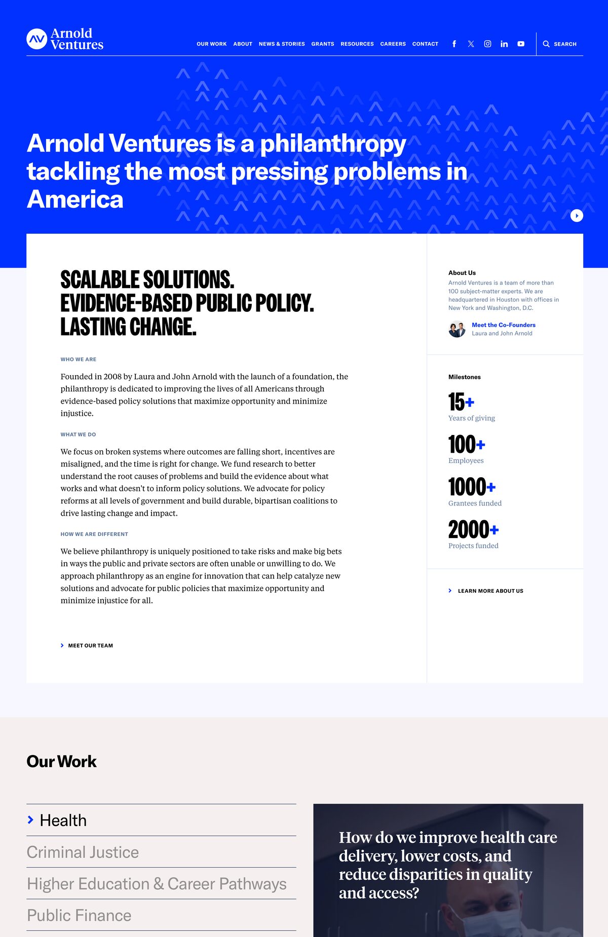 Arnold Ventures philanthropy and policy platform homepage screenshot