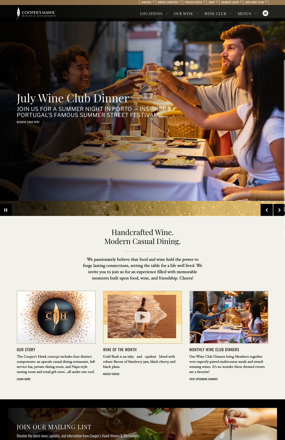 Cooper's Hawk Winery and Restaurants platform homepage screenshot