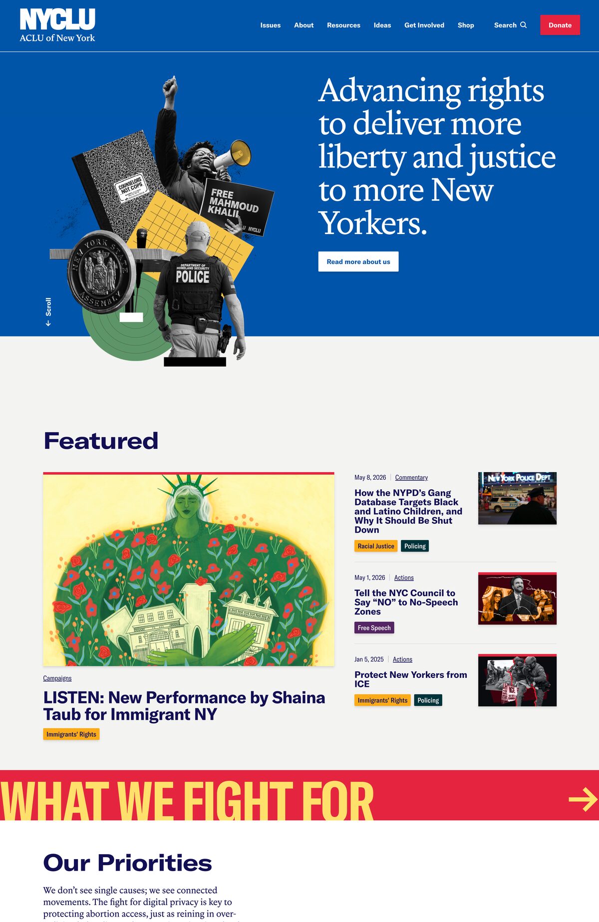 NYCLU civil rights advocacy platform homepage screenshot