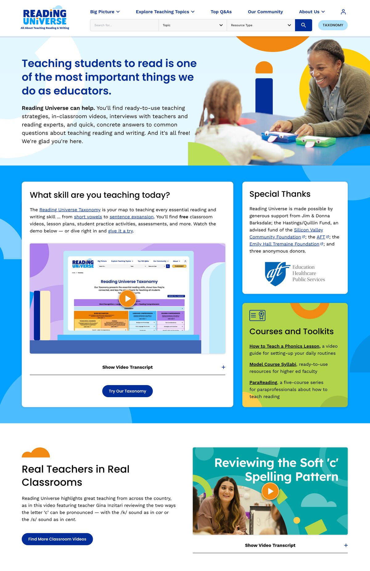 Reading Universe literacy education platform homepage screenshot